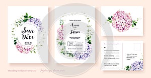 Wedding Invitation, save the date, thank you, rsvp card Design template. Vector. hydrangea flowers, Ivy plants. photo