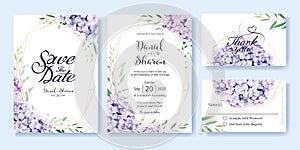 Wedding Invitation, save the date, thank you, RSVP card Design template. Vector. hydrangea flowers, olive leaves. Watercolor style photo