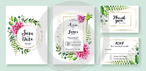 Wedding Invitation, save the date, thank you, rsvp card Design template. Vector. Pink dahlia flowers, fern leaf, silver dollar lea