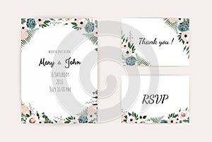 Wedding Invitation, save the date, thank you, rsvp card Design template. Vector. Pink rose, olive leaves. Watercolor