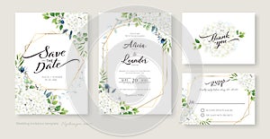 Wedding Invitation, save the date, thank you, RSVP card Design template. Vector. White Hydrangea flowers with greenery.