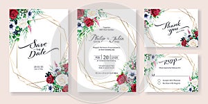 Wedding Invitation, save the date, thank you, RSVP card Design template. Winter flower, red and white rose, Watercolor style.