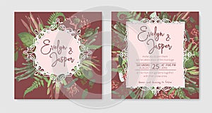 Wedding invitation set, beautiful greeting card, vector watercolor banner. Brunia, fern, eucalyptus, leucadendron, gaultheria,