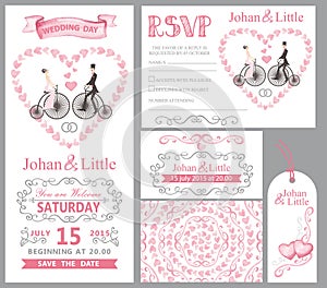 Wedding invitation set.Bride,groom,retro bike,Pink decor