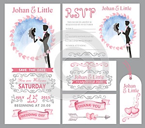 Wedding invitation set.Couple bride,griim,Pink,swirling decor