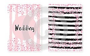 Wedding invitation set with dots and sequins. Bridal shower cards with pink glitter confetti.