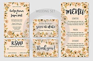 Wedding Invitation set, floral invite, thank you, rsvp card design. Eucalyptus, forest fern, herbs, eucalyptus, branches boxwood,