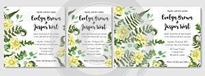 Wedding Invitation set, flowers of yellow dahlia, fern leaves gr