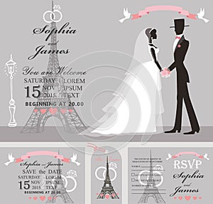 Wedding invitation set.Retro Bride,groom,Eiffel tower