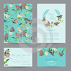 Wedding Invitation Set with Tropical Flowers and Butterflies.