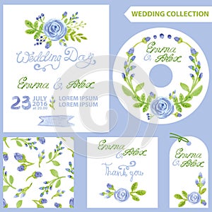 Wedding invitation set.Watercolor blue flowers