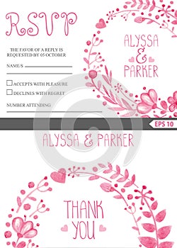 Wedding invitation set.Watercolor pink floral wreath