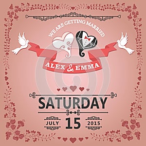 Wedding invitation with stylized heart and floral frame