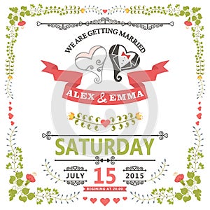 Wedding invitation with stylized heart and floral frame