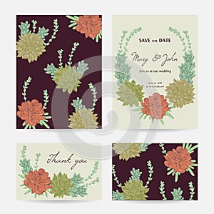 Wedding invitation with succulents. Save the date cards with collection decorative floral design elements.