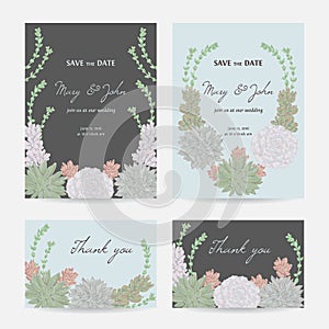 Wedding invitation with succulents. Save the date cards with collection decorative floral design elements.