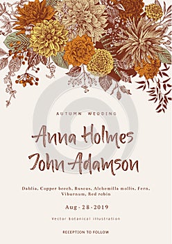 Wedding invitation. Summer and autumn flowers. Dahlias, Ruscus, Viburnum. Modern floristics.