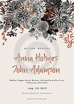 Wedding invitation. Summer and autumn flowers. Dahlias, Ruscus, Viburnum.