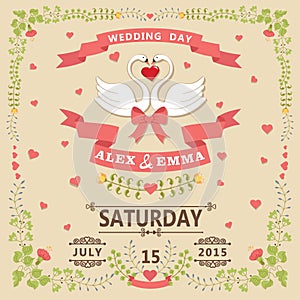 Wedding invitation with swans couple and floral frame