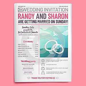 Wedding invitation tabloid. Newspaper front page, getting married brochure and old love journal layout vector photo