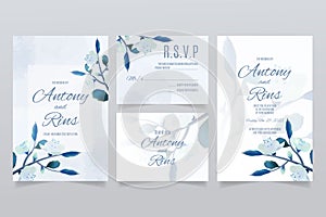 Wedding invitation template with blue cherry blossoms