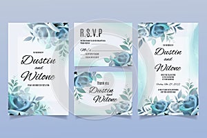 Wedding invitation template with blue roses and leaves