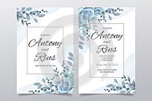 Wedding invitation template with blue roses and leaves