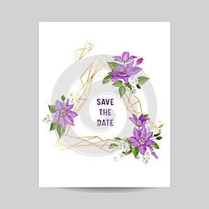 Wedding Invitation Template with Clematis Flowers and Golden Frame. Tropical Floral Save the Date Card. Exotic Flower