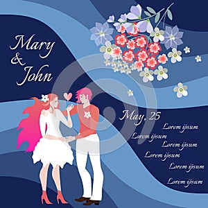 Wedding invitation template. Cute card with loving couple of bride and groom and bouquet of beautiful flowers