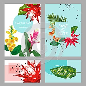 Wedding Invitation Template with Flowers and Palm Leaves. Tropical Floral Save the Date Card. Exotic Flower Design