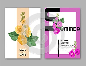 Wedding Invitation Template with Flowers and Palm Leaves. Tropical Floral Save the Date Card. Exotic Flower Design