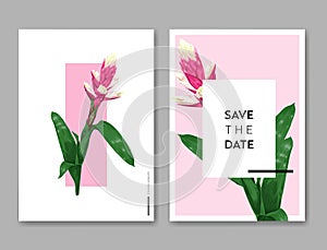 Wedding Invitation Template with Flowers and Palm Leaves. Tropical Floral Save the Date Card. Exotic Flower Design