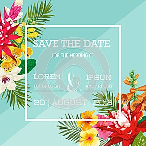 Wedding Invitation Template with Flowers and Palm Leaves. Tropical Floral Save the Date Card. Exotic Flower Design