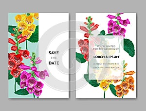 Wedding Invitation Template with Flowers and Palm Leaves. Tropical Floral Save the Date Card. Exotic Flower Design