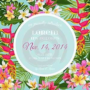 Wedding Invitation Template with Flowers. Tropical Floral Save the Date Card. Exotic Flower Romantic Design for Greeting