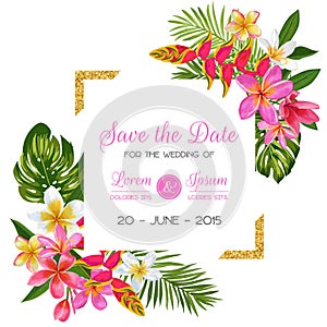 Wedding Invitation Template with Flowers. Tropical Floral Save the Date Card. Exotic Flower Romantic Design for Greeting photo