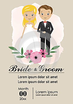 Wedding invitation template. Groom and bride arm in arm.