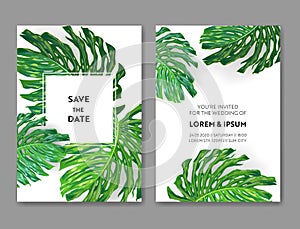 Wedding Invitation Template with Monstera Palm Leaves. Tropical Save the Date Card. Summer Botanical Design for Poster