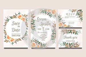 Wedding invitation template with orange roses and leaves