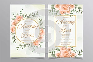 Wedding invitation template with orange roses and leaves