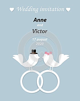 Wedding invitation template with a pair of birds,the bride and g