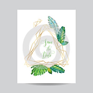 Wedding Invitation Template with Palm Leaves. Tropical Save the Date Card. Summer Botanical Design for Poster, Greetings