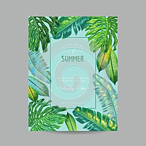 Wedding Invitation Template with Palm Leaves. Tropical Save the Date Card. Summer Botanical Design for Poster, Greetings