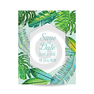 Wedding Invitation Template with Palm Leaves. Tropical Save the Date Card. Summer Botanical Design for Poster, Greetings