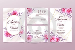 Wedding invitation template with pink flowers and purple leaves