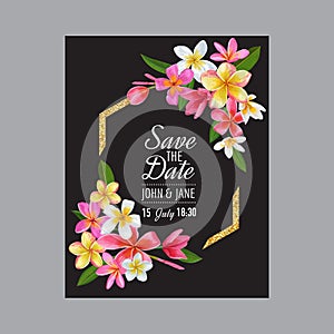 Wedding Invitation Template with Pink Plumeria Flowers. Tropical Floral Save the Date Card. Exotic Flower Design