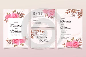 Wedding invitation template with pink roses and leaves