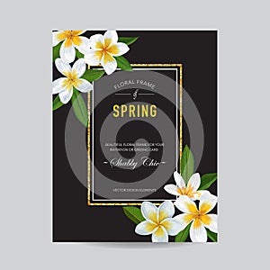 Wedding Invitation Template with Plumeria Flowers. Tropical Floral Save the Date Card. Exotic Flower Romantic Design