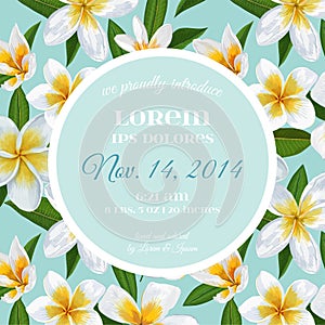 Wedding Invitation Template with Plumeria Flowers. Tropical Floral Save the Date Card. Exotic Flower Romantic Design