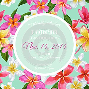 Wedding Invitation Template with Plumeria Flowers. Tropical Floral Save the Date Card. Exotic Flower Romantic Design